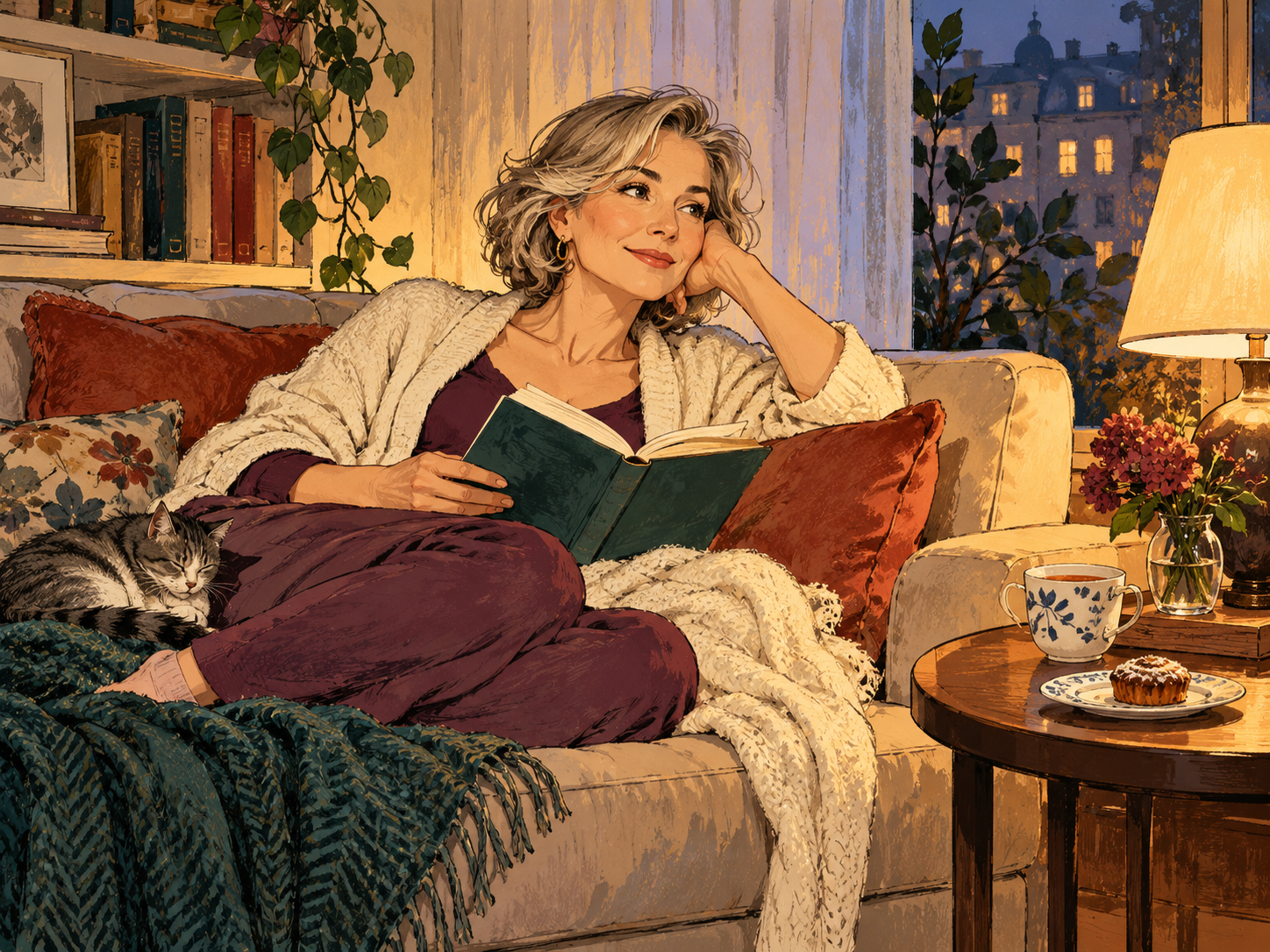 Женщина отдыхает на диване с книгой и чашкой чая